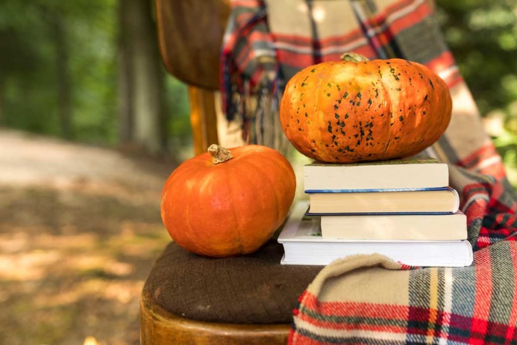 Stack of books with pumpkins