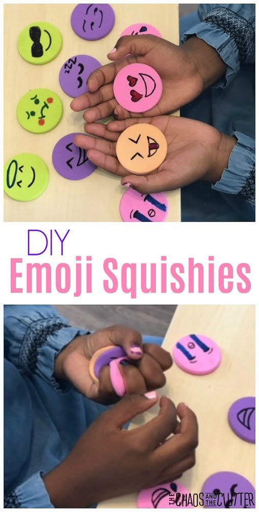 kid hands holding emoji squishies that have different emotions showing