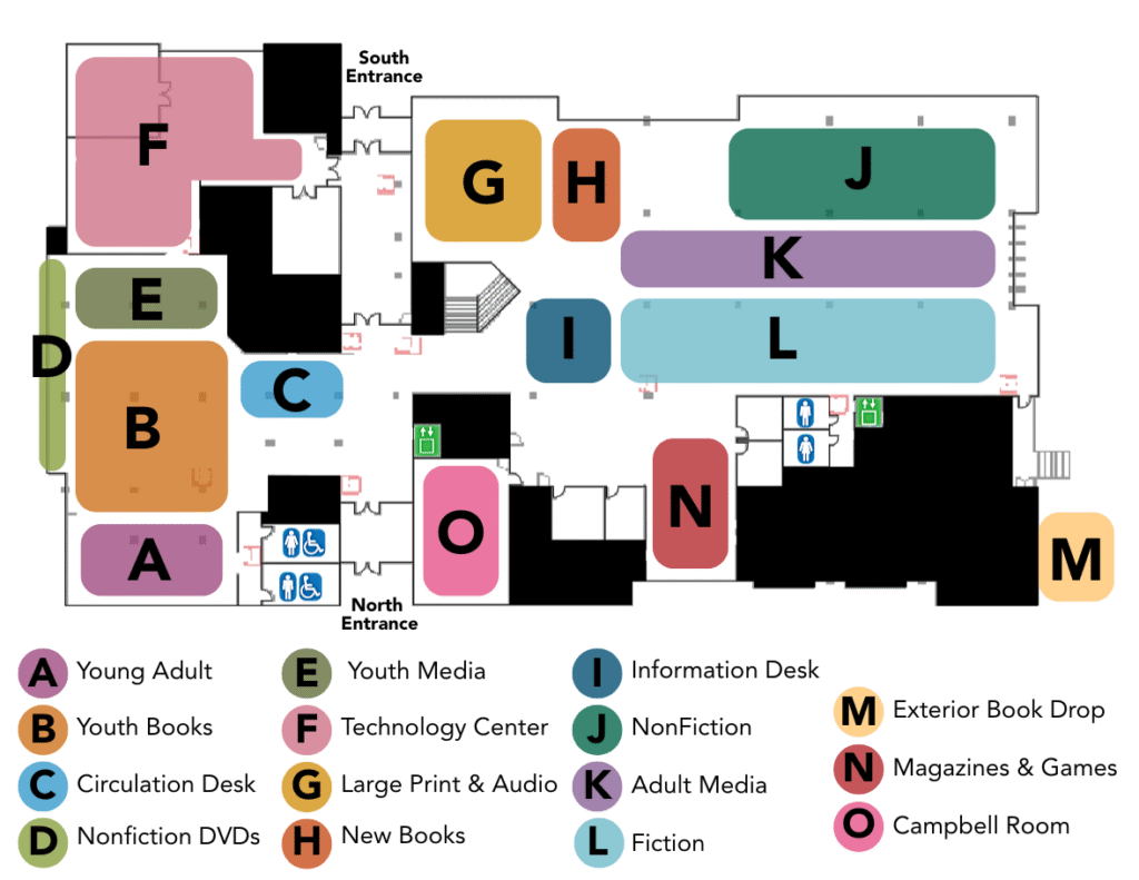 Temporary Main Floor Plan Floor plan showing the temporary main floor layout during the Youth Services remodel, highlighting item locations.